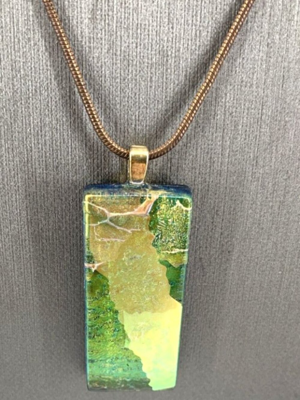 Fused Dichroic Glass Necklace Copper 18" Green Tones 1.5" Handcrafted